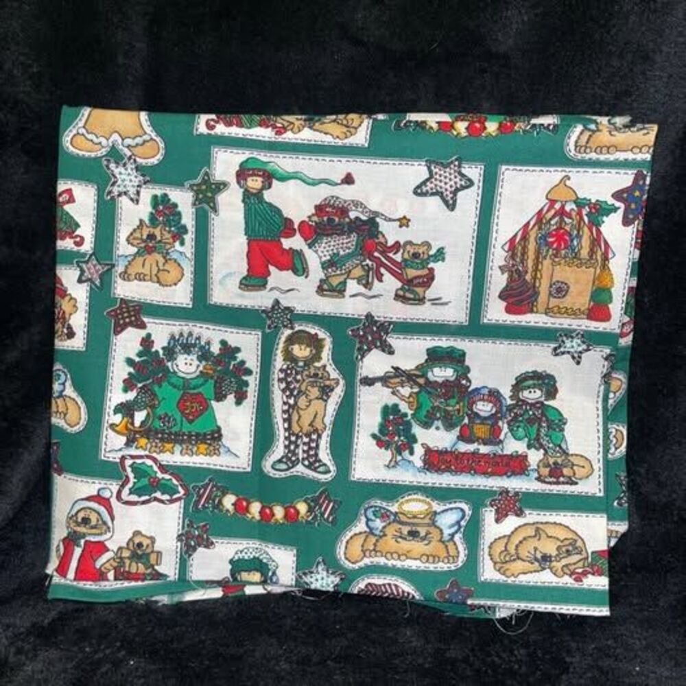 Vintage Green Country Christmas Angel Cats Snowman Gingerbread Fabric 37" X 43"